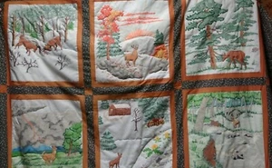 80's Quilt Green Trees with Deer Mancave Hunting Hand Stitched Handmade - Picture 1 of 6