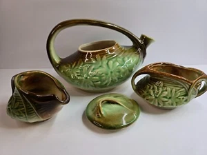 McCoy Aladdin "Daisy" Teapot with Creamer and Sugar 1940's Brown Green USA - Picture 1 of 19