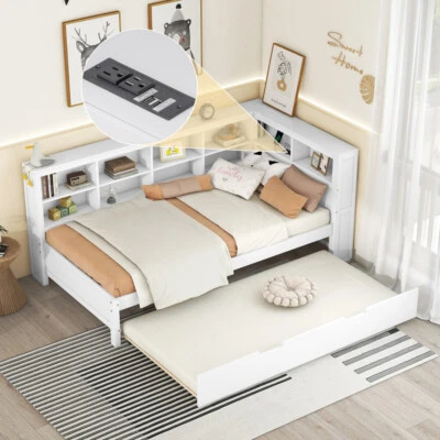 Wooden Twin Size DayBed with Twin Trundle, Storage Shelf and USB, White - Image 1 of 4