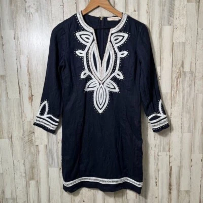 Платье-туника женское Tory Burch Linen Odelia Contrast Time темно-синее белое размер 2 - Изображение 1 из 4