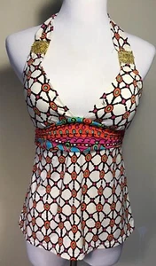 Auth TRINA TURK Multi VENICE BEACH Gold HARDWARE Halter Tankini Swim Top Size 4 - Picture 1 of 11