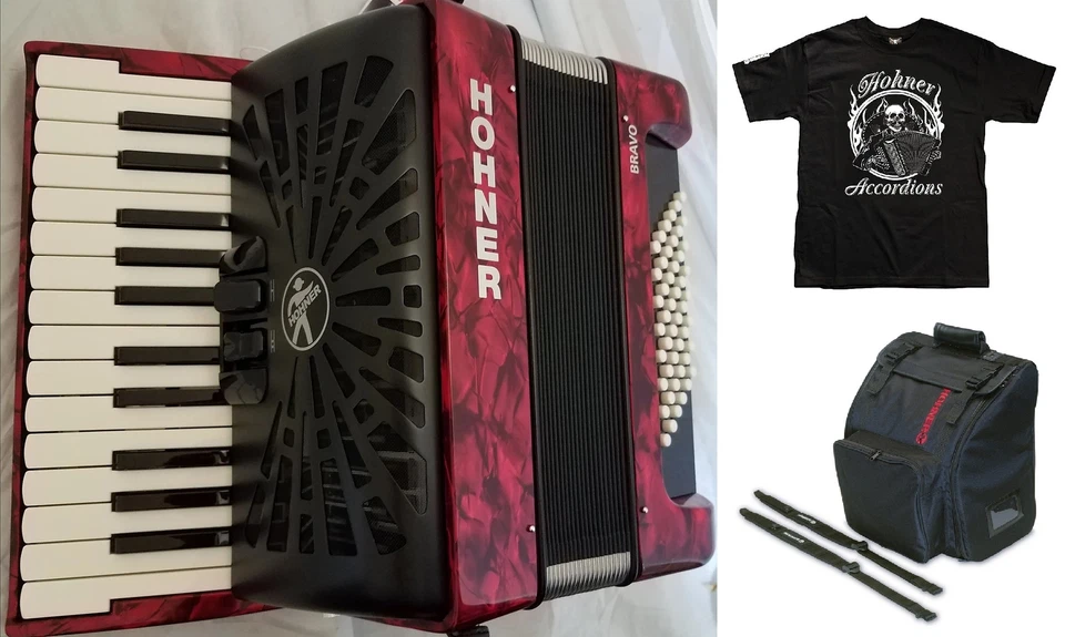 HOHNER Model BR48RED Bravo II 48 Accordion Red With Bag and Straps
