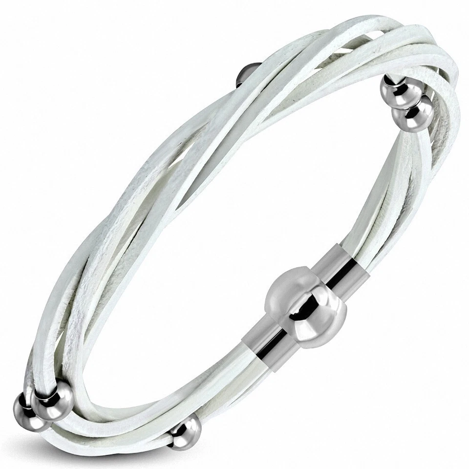 Pulsera De Cuero Blanco Trenzada Con Bolas de Acero Inoxidable - Imagen 1 de 1