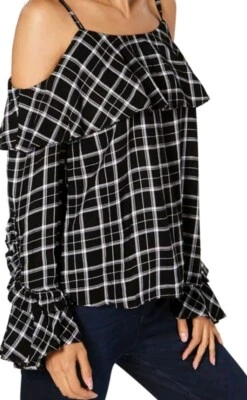 Blusa I-N-C Para Mujer Manga Campana Hombro Frío Rayón (M) Negra Cuadros a Cuadros Nueva con Etiquetas Foto 1 de 4