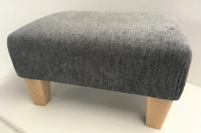 Footstool In A Silver Grey Chenille Fabric With Solid Wood Legs British Made - Image 1 of 4