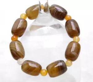 12*16mm Barrel Shape Brown Striped Agate and 6mm Orange Agate 7.5'' Bracelet-421 - Picture 1 of 20