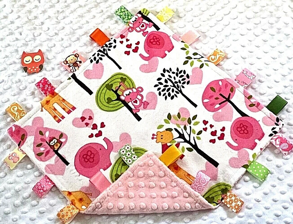 Double Minky! Jungle Minky & Pink Minky Tag Taggie Security Blanket, Baby Girl - Image 1 of 1