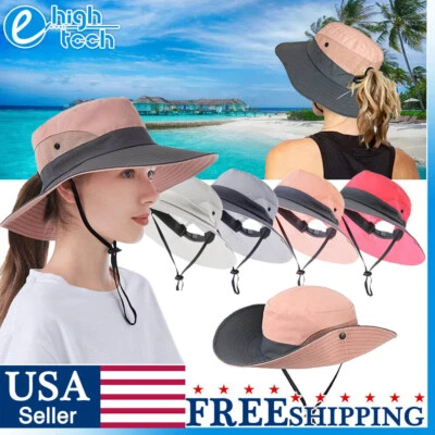 Sombrero cubo de verano para mujer Boonie cola de caballo ala ancha sol playa gorra protección UV Foto 1 de 4