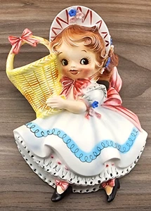 Abito vintage 1956 Lefton Miss Dainty tasca da parete bianco/blu #50264N - Foto 1 di 5