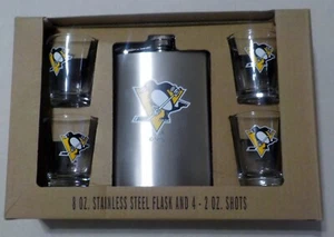 PITTSBURGH PENGUINS STAINLESS STEEL FLASK & 4 SHOT GLASS SET NIP MEMORY CO. - Picture 1 of 3