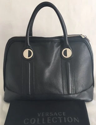 Versace Colección Medusa Grande Cuero Negro Estructurado Bolso de Mano Bolso Cartera Foto 1 de 4