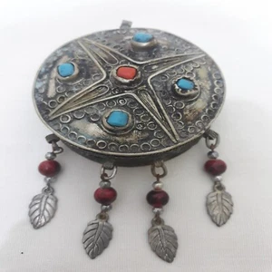 Vintage Filigree Trinket Jewelry Silver Metal Box Coral Ornate Amulet Pendant 2" - Picture 1 of 15