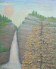 Vintage oil painting mountain waterfall landscape