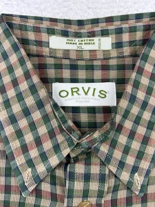 Orvis Mens Shirt XL Green Tan Cotton Gingham Plaid Fly Fishing Hiking - Picture 1 of 7
