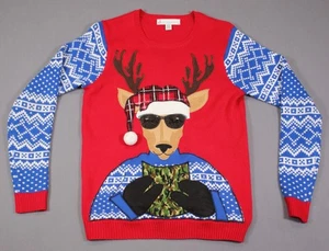 Men's Jolly Sweaters Ugly Christmas Sweater Reindeer Camo Drink Holder Sz M - Picture 1 of 9