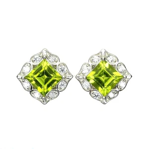 925 Sterling Silver Earrings Square Peridot 6mm Simulated Cz Gemstone Jewelry - Picture 1 of 10
