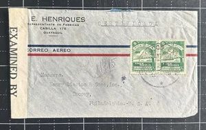Cubierta de correo aéreo Ecuador 1942 fábrica de Guayaquil Filadelfia EE. UU. SEGUNDA GUERRA MUNDIAL registrada - Imagen 1 de 2