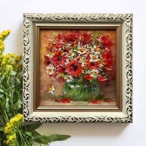 Pintura al óleo original campo ramo amapolas floral pequeño arte de pared 4x4 pulgadas - Imagen 1 de 7