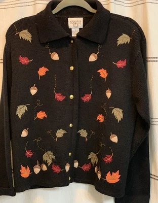 Cervelle Women’s Black Cardigan With Embroidered Fall Autumn Leaves Acorns Small - Image 1 of 4