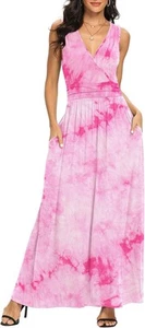 LILBETTER Womens Sleeveless Deep V Neck Long Maxi Casual Dress 3XL Pink Tie Dye - Picture 1 of 14