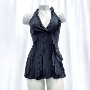 NWT Wmns BCBG MAXAZRIA 100% Silk Black Ruffle Halter Tank Top Sz S MSRP$138 - Picture 1 of 3