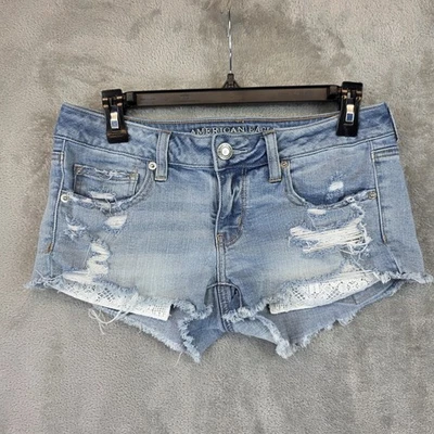 Pantalones Cortos American Eagle Para Mujer 6 Azul Súper Bajo Pantalón Corto Envejecido Jean Denim Foto 1 de 4