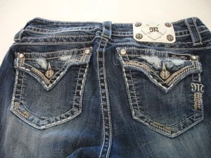 MISS ME Women's Denim Crystals Rhinestone Mid Rise Standard Crop Blue Jeans 29 - Picture 1 of 9