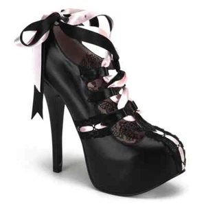 Bordello TEEZE-13 Black Pu-Baby Pink Ribbon Platform Shoes UK4 - Picture 1 of 1