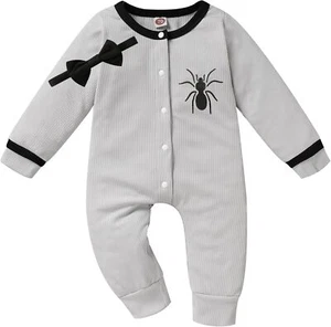 Newborn Baby Boy Halloween Outfit Long Sleeve Spider Pattern Jumpsuit Bowtie - Picture 1 of 6