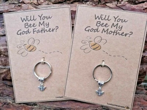 WILL YOU BE BEE MY GODFATHER GODMOTHER GOD PARENTS BABY SHOWER GIFT CARD KEYRING - Picture 1 of 5