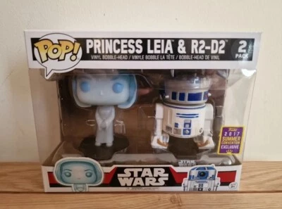 FUNKO POP STAR WARS 2017 HOLOGRAPHIC LEIA AND R2 D2 2 PACK VINYL FIGURE NEW - Immagine 1 di 2