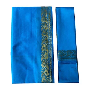 Sari azul turquesa claro brocado dorado bindi instrucciones India poliéster - Imagen 1 de 2