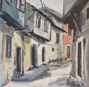 Original oil painting cityscape old European town houses art 8x8" - Picture 1 of 9