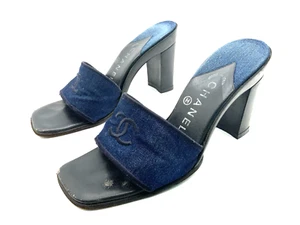 CHANEL 36 High Heel Sandals Denim Camellia Flip Flop Dk Blue Logo Slides - Picture 1 of 16