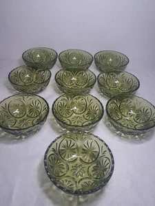 10 Pc. MCM Anchor Hocking Green Cameo Medallion Dessert / Dip Bowls 4 1/2" - Picture 1 of 11