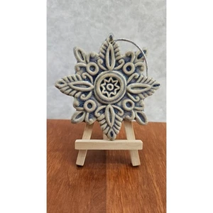 Ceramic Snowflake Ornament Blue Beige Floral Starburst Holiday Decor - Picture 1 of 5
