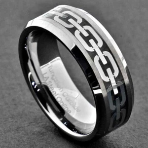 Tungsten Carbide 8mm Band Bevel Edge Men Silver Celtic Chain Wedding Ring - Picture 1 of 7