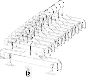 Premium 12 Pack Clear Plastic Pants Hangers with 2 Adjustable Clips – 360° Rotat - Picture 1 of 9
