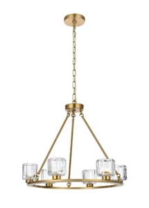 Dining Room Chandelier Farmhouse 6 Light Fixture Satin Gold Glass Shades 26" - Picture 1 of 8