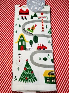 2 CHRISTMAS SANTA’S NORTH POLE HIGHWAY KITCHEN TOWELS TREES HOUSES CARS SLED - Picture 1 of 9