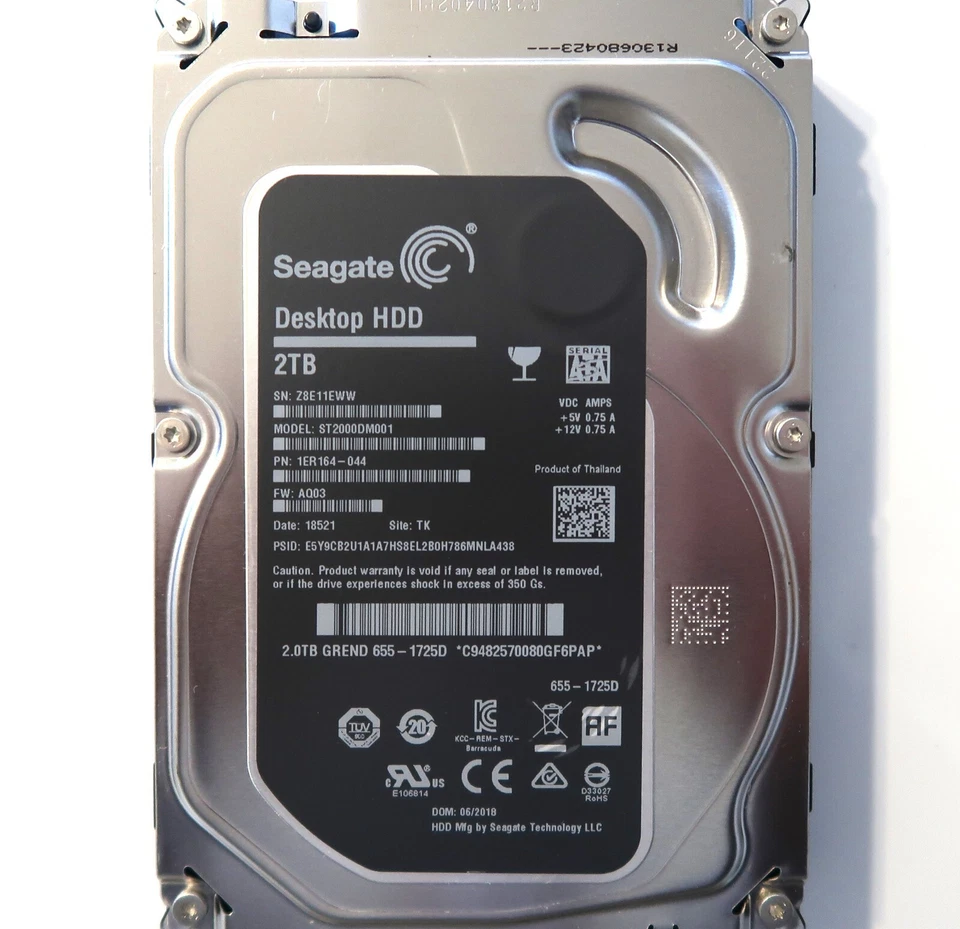 Seagate ST2000DM001 1ER164-044 AQ03 TK Thailand (Z8E) 3.5" 2.0TB Sata HDD 2018 - Image 1 of 4