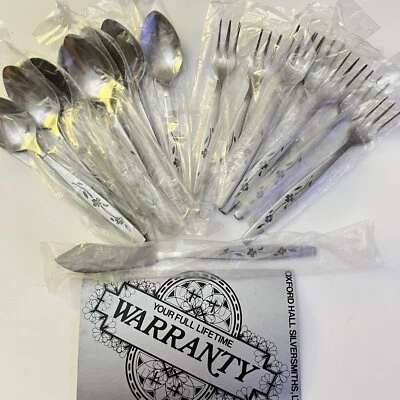 Cuchillo de mantequilla Oxford Hall Raddison 8 tenedores de ostras cucharas de té flores acero rosa Foto 1 de 4