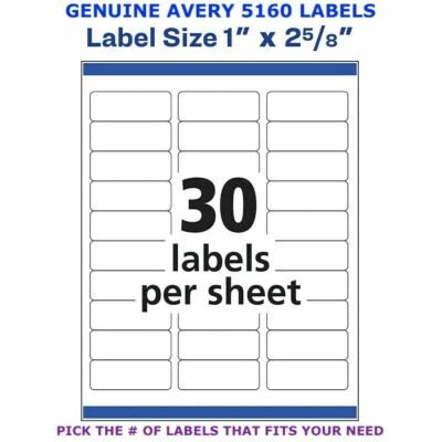 Avery Easy Peel Laser Address Labels 1" x 2 5/8" (5160) PICK YOUR OWN # OF LABEL - Image 1 of 4