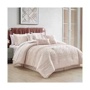 Chezmoi Collection Grace 7-Piece Blush Pink Floral Chenille Embroidered Pom P... - Picture 1 of 9