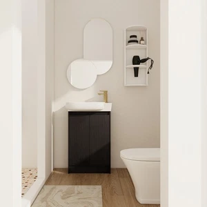 23 Zoll freistehender Badezimmer-Waschtisch mit Keramik-Waschbecken mit Aufbewahrungsregal schwarz - Bild 1 von 24