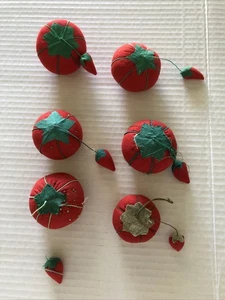 6-VTG Small/ Mini Pin Cushion Lot Red Fabric Tomato w/ Strawberries Sewing Pins - Picture 1 of 24