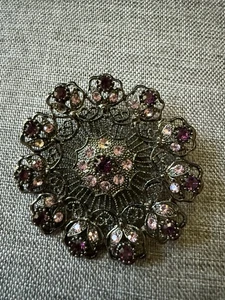 Vtg Deco Filigree Brooch Round Rhinestone Pewter Tone Victorian Purple Cocktail - Picture 1 of 6