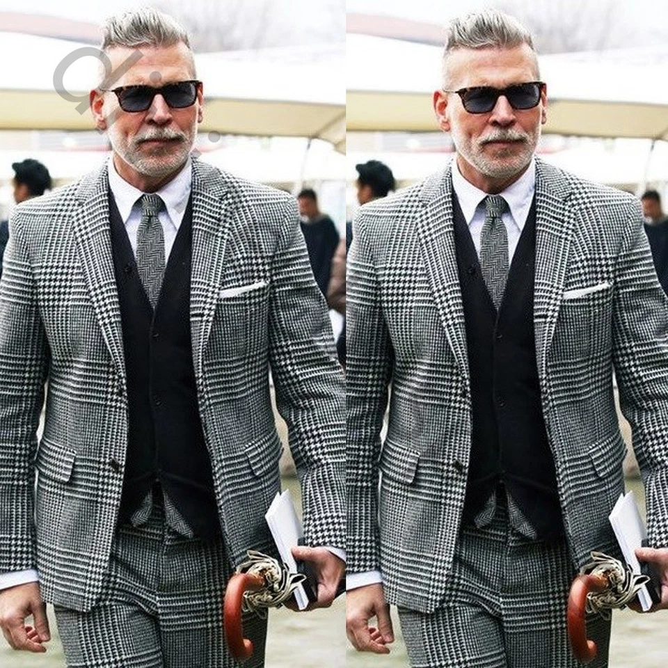 Ternos masculinos xadrez preto formal negócios casamento noivo smoking formatura casaco calça 2 peças - Imagem 1 de 4