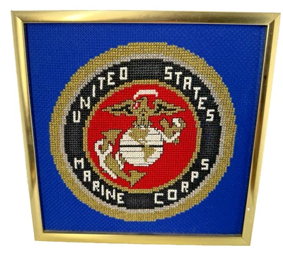 Patriotic Finished Cross Stitch United States Marine Corps Seal Eagle American - Image 1 of 4