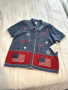 Vintage NOS Patriotic Short Sleeve Knit Top Cardigan Sweater XL NEW TEACHER - Picture 1 of 5